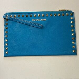 Michael Kors Studded XL Wristlet Clutch Teal Leather Wallet Sandrine Jet Set